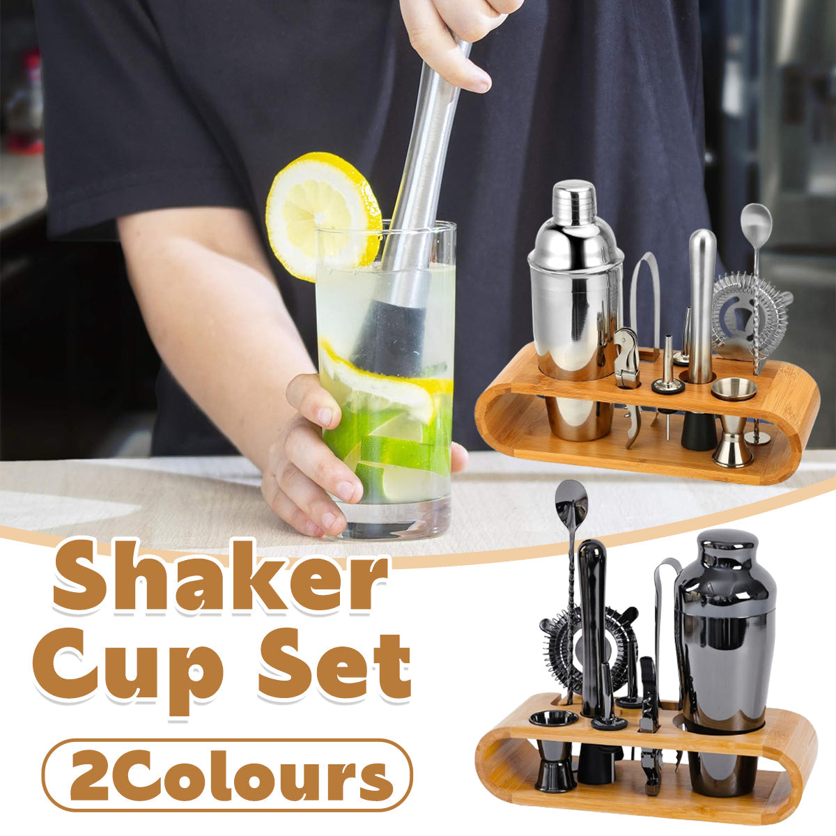 Cocktail Shaker Set 750ml Stainless Steel Bar Tools with Bamboo Stand - SuperSaverAU - view 1