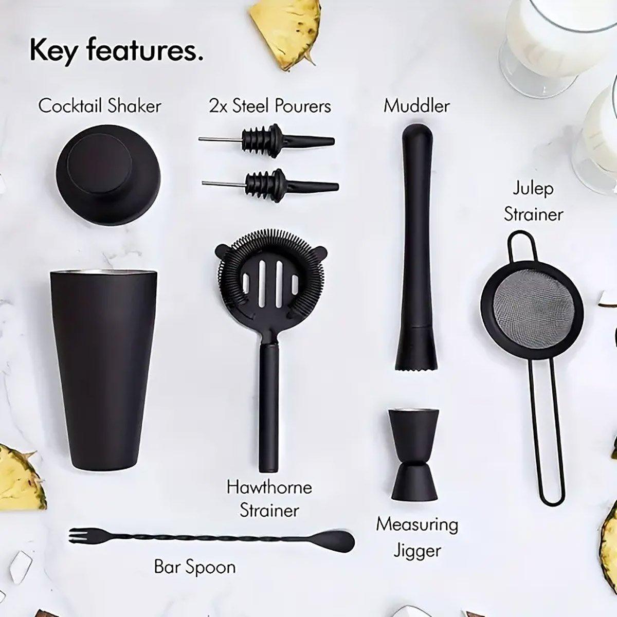 Premium Black 8 Piece Stainless Steel Cocktail Shaker Set 700ml
