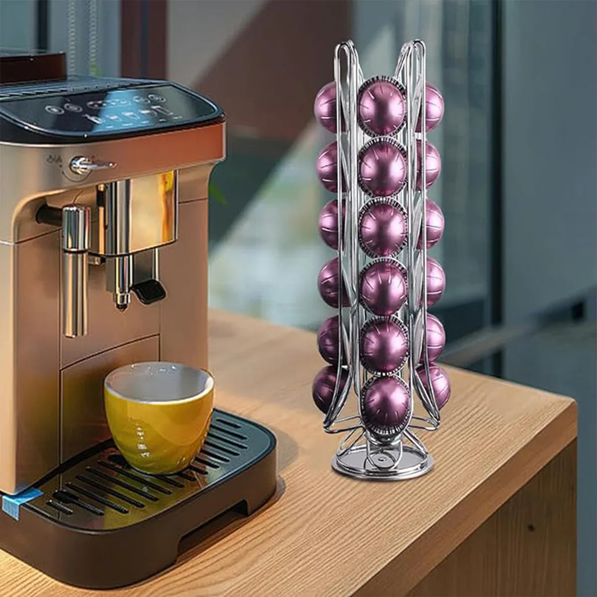 Premium Silver 24 Pod Rotating Coffee Capsule Holder Rack