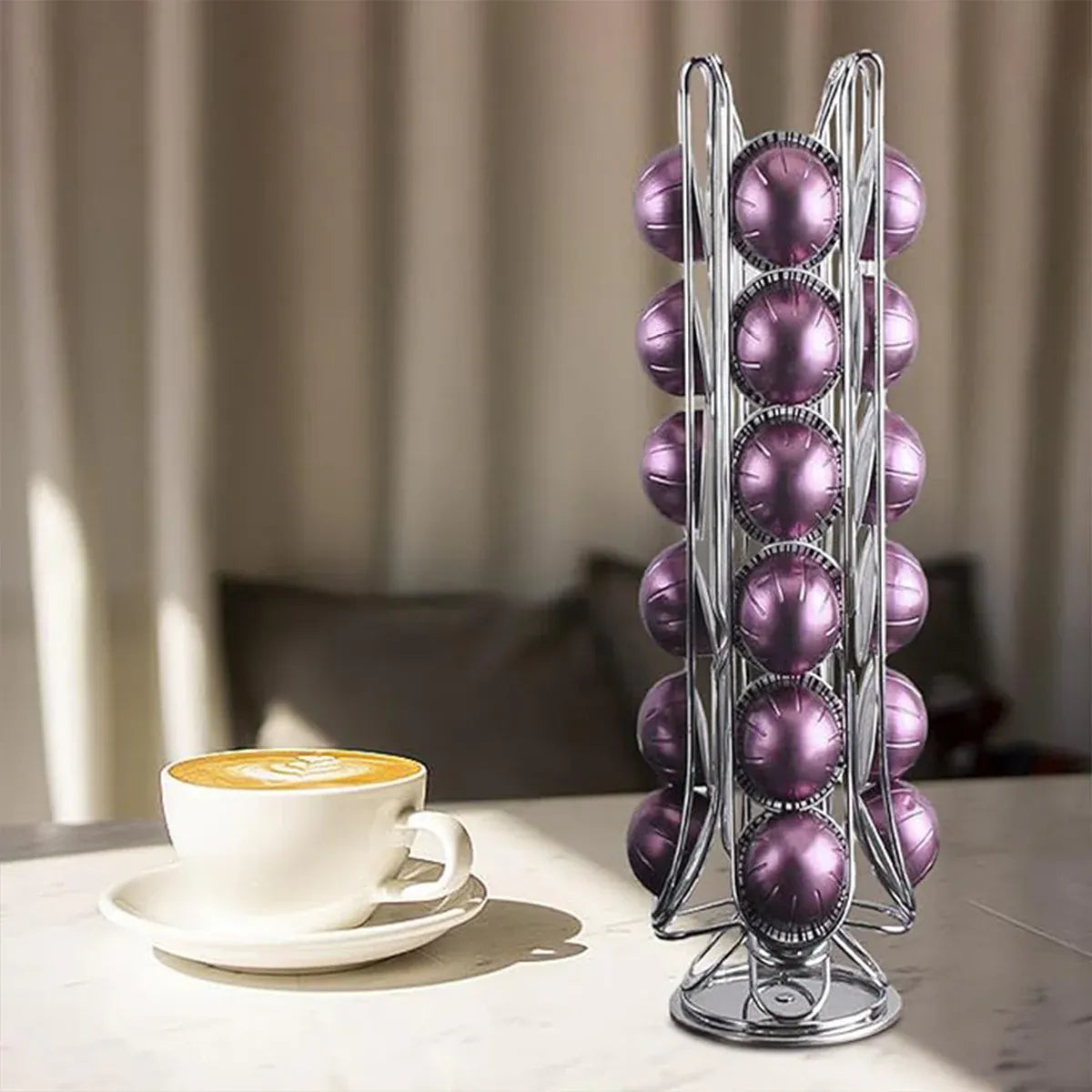 Premium Silver 24 Pod Rotating Coffee Capsule Holder Rack