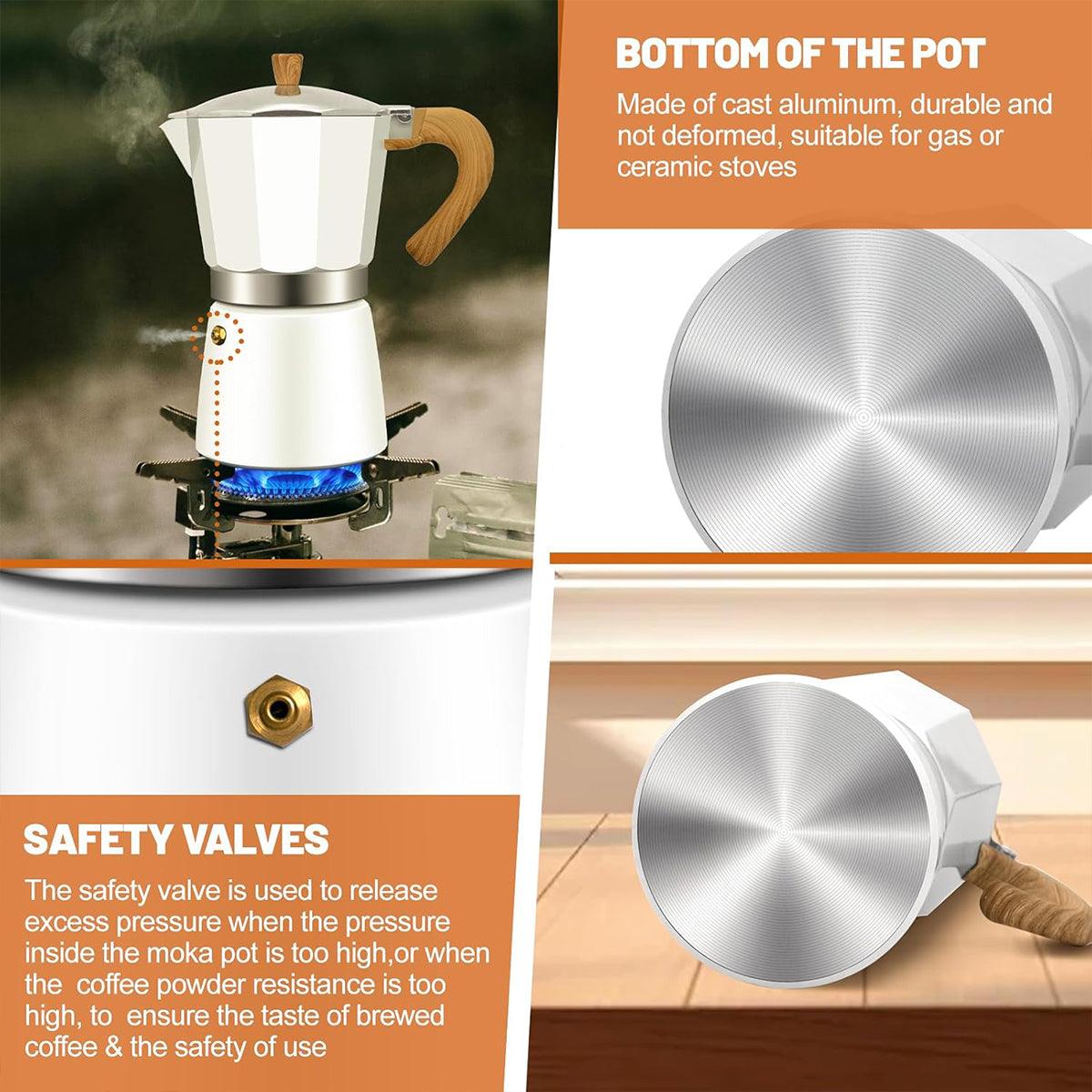 Premium Beige 150ml Portable Stovetop Espresso Coffee Maker with Wood Grain Handle