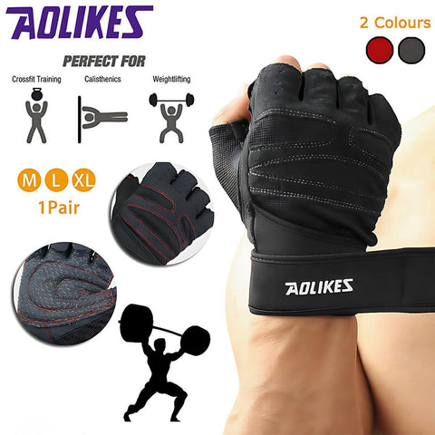 Aolikes Fingerless Weight Lifting Gloves with Anti-Slip Palm & 20in Wrist Wrap - Grey, L