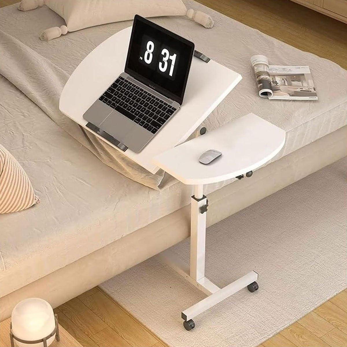 Adjustable Folding Computer Desk Stand Floor-Standing Movable Bedside Table - White - SuperSaverAU - view 4