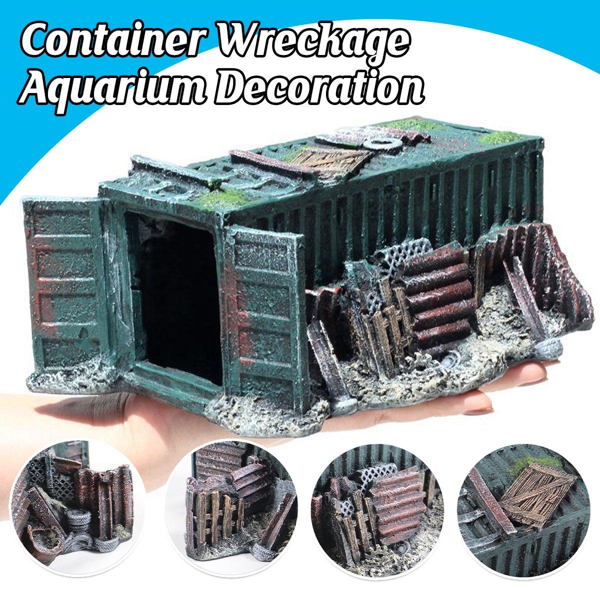Aquarium Wreckage Container Decoration, 21x25x12.5 cm, Grey, Hiding Spots for Fish & Shrimp - SuperSaverAU - view 1