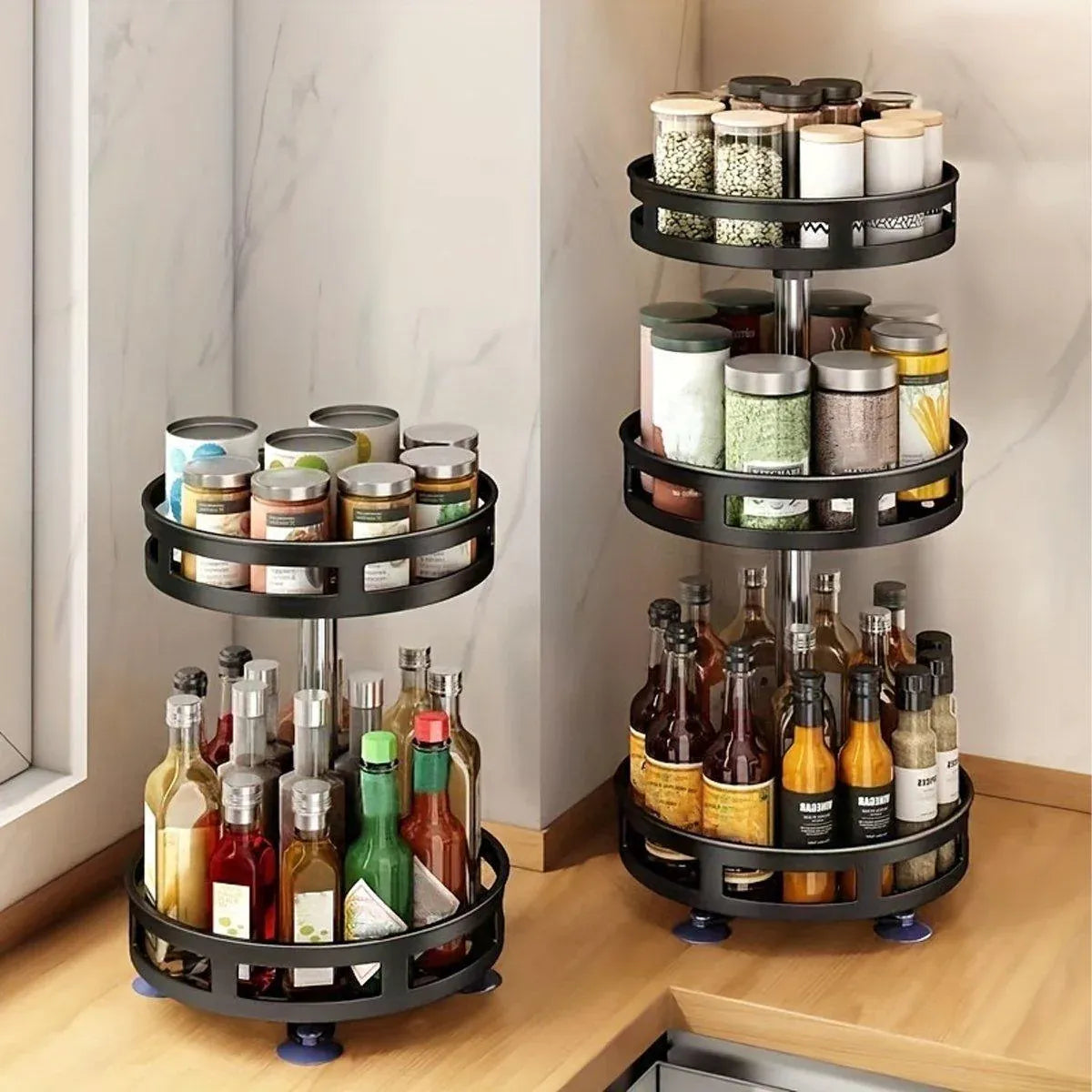 Premium Rotating Spice Rack – Black Adjustable Double Layer