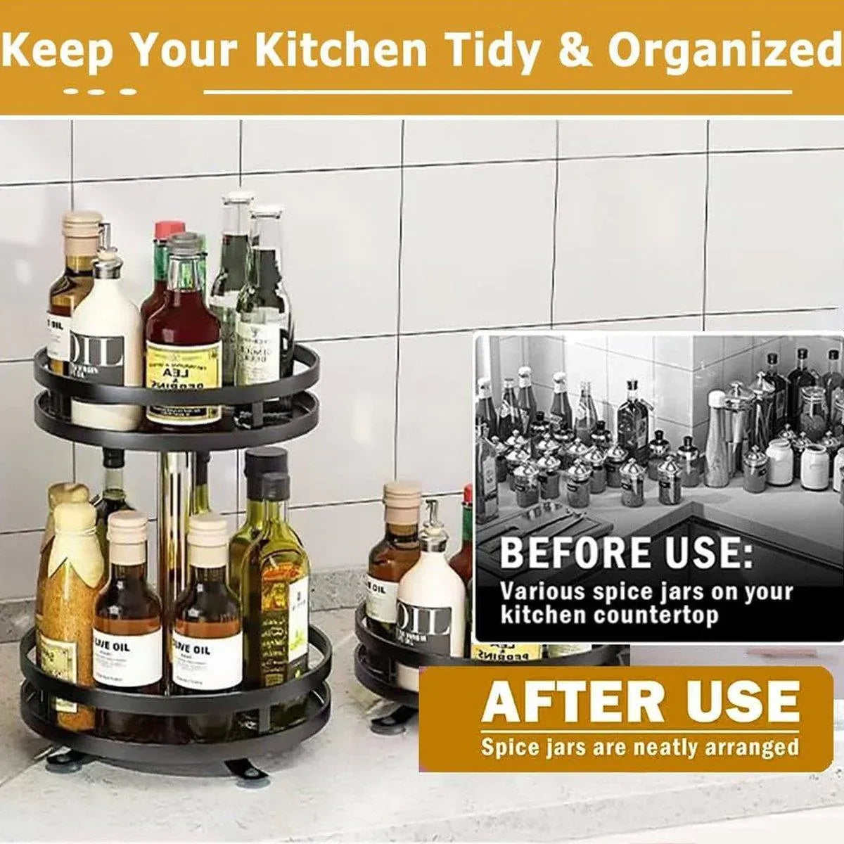 Premium Rotating Spice Rack – Black Adjustable Double Layer