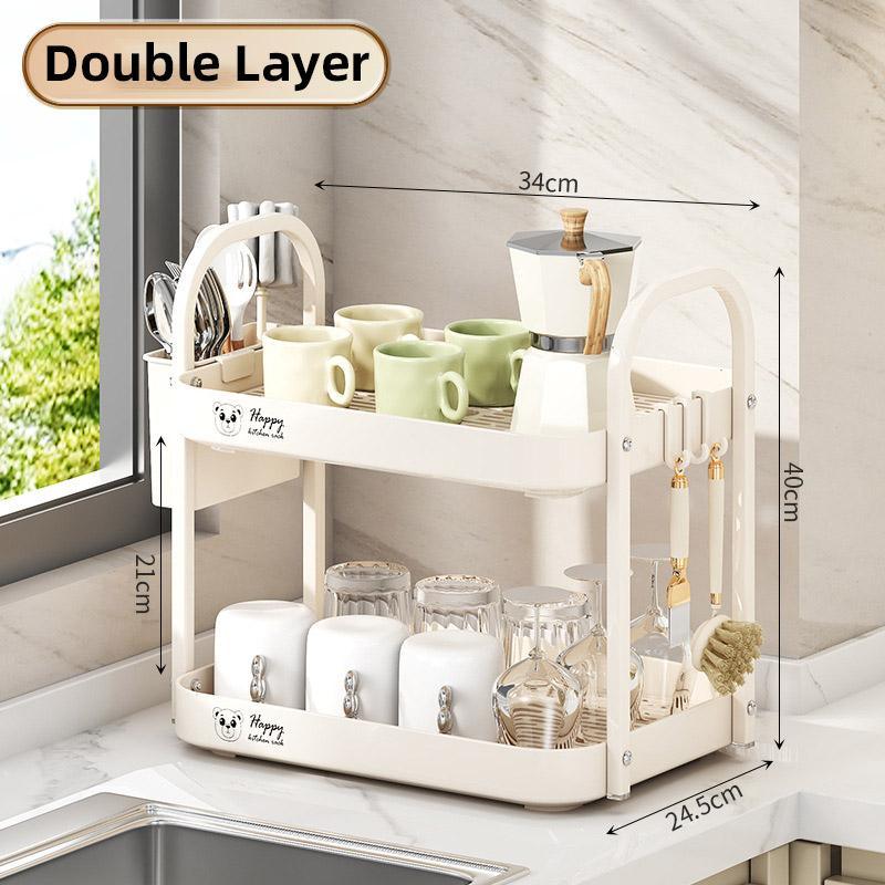 Elegant Double-Layer Cup Storage Rack 40cm x 34cm x 24.5cm with Drain Tray and Hooks - SuperSaverAU - view 3