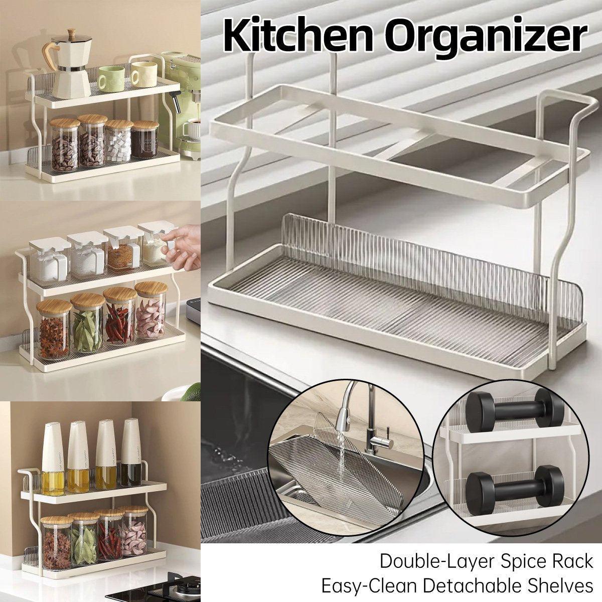Premium 2 Tier Kitchen Storage Rack Countertop Organiser with Removable Trays