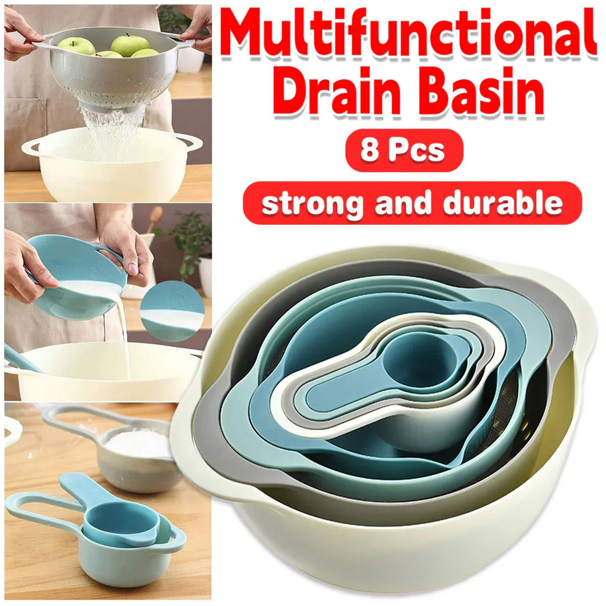 Premium 8 Piece Plastic Basin & Drain Basket Set