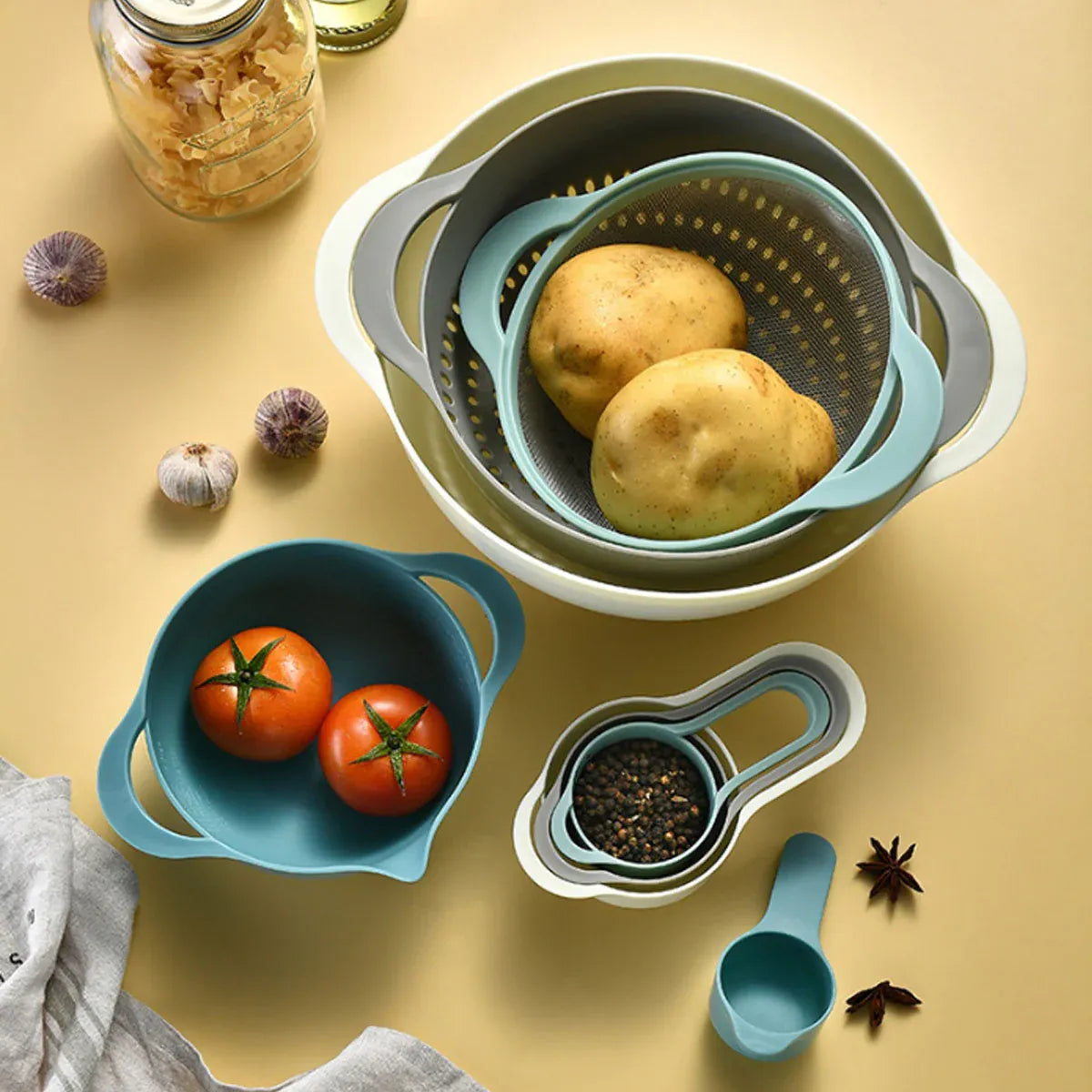 Premium 8 Piece Plastic Basin & Drain Basket Set