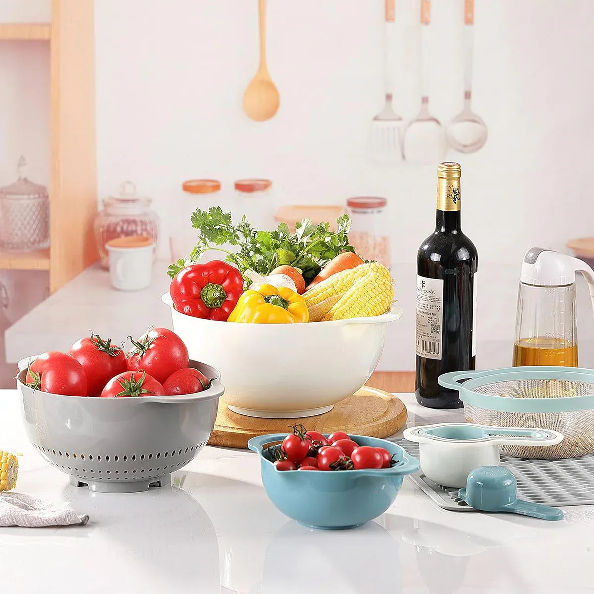 Premium 8 Piece Plastic Basin & Drain Basket Set