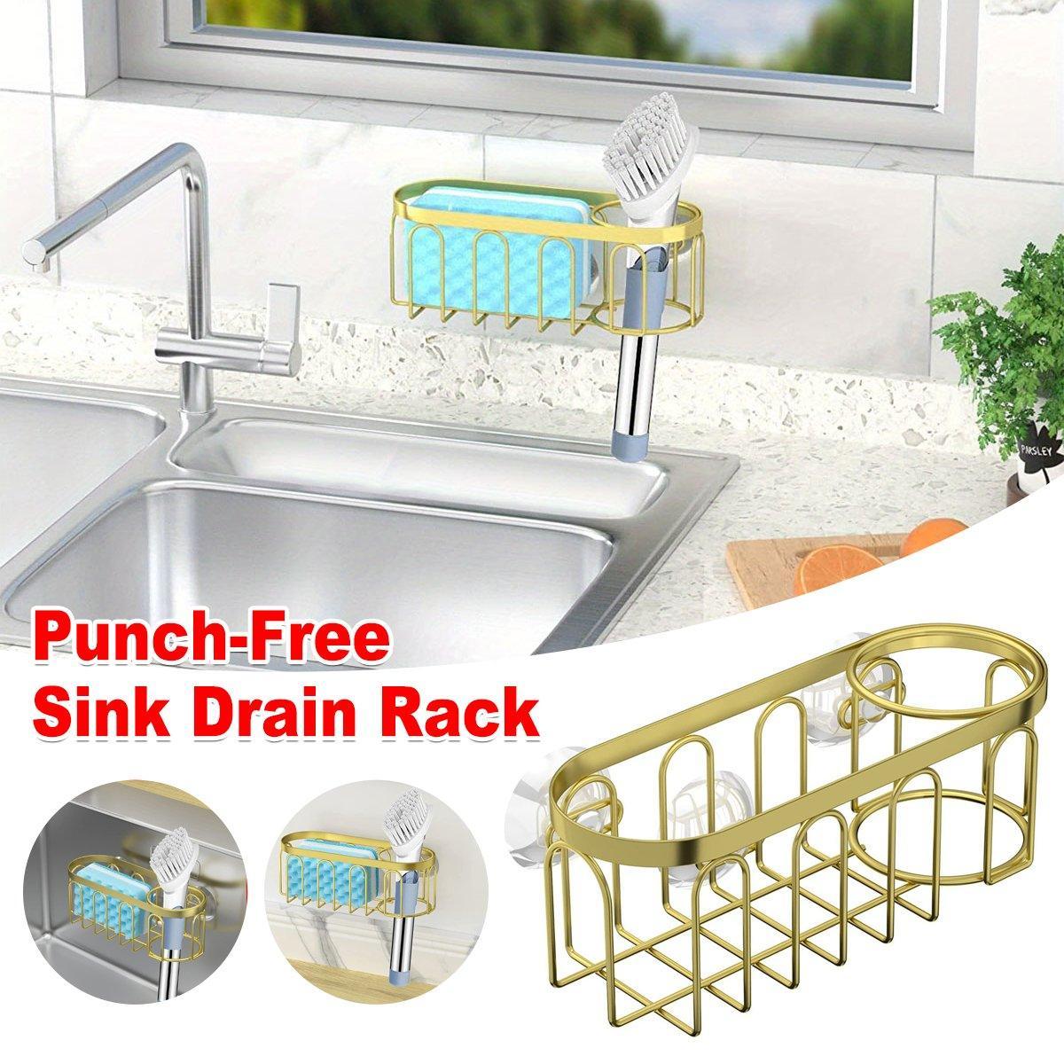 Premium Punch-Free Sponge Brush Drain Rack – Gold with Suction Cups