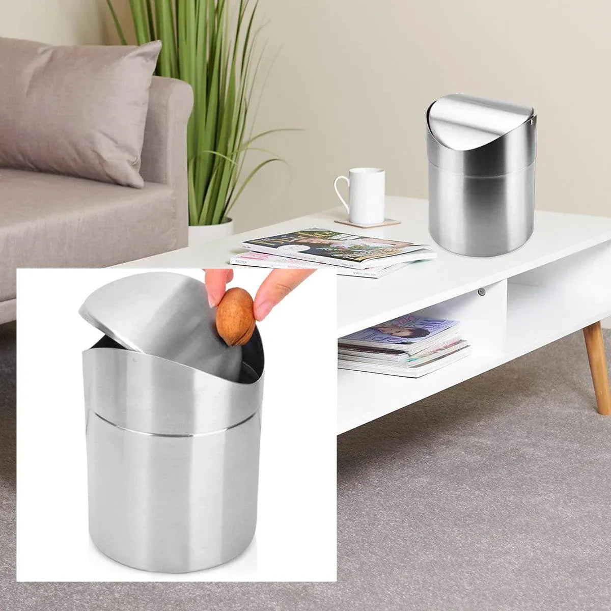 Premium Stainless Steel Mini Desktop Wastebasket – Silver
