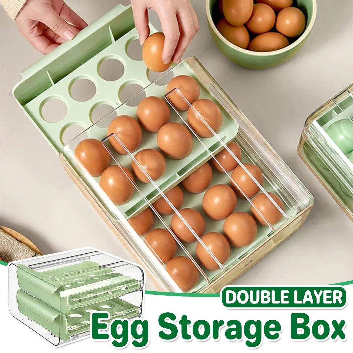 Green Double Layer Egg Storage Drawer Fridge Organizer