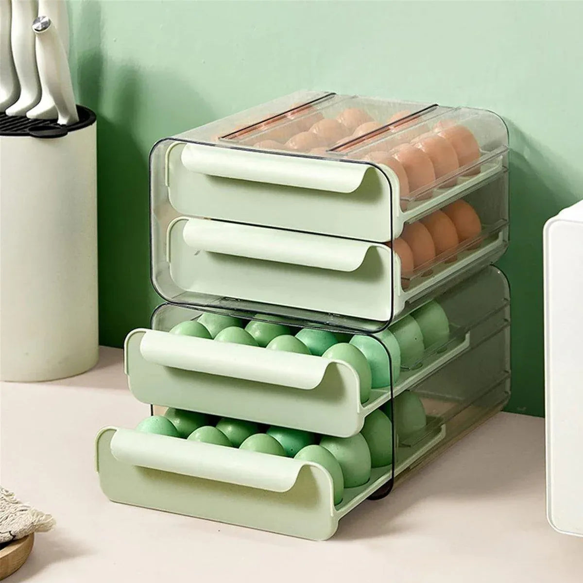 Green Double Layer Egg Storage Drawer Fridge Organizer