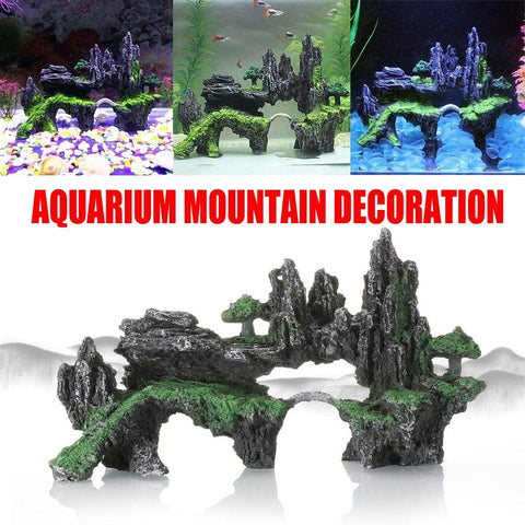 Premium Aquarium Rock Cave Mountain Ornament Grey Resin - 23cm