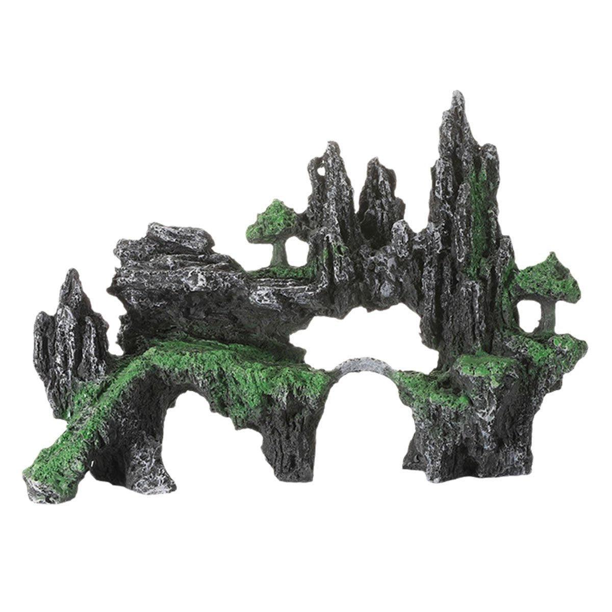Premium Aquarium Rock Cave Mountain Ornament Grey Resin - 23cm