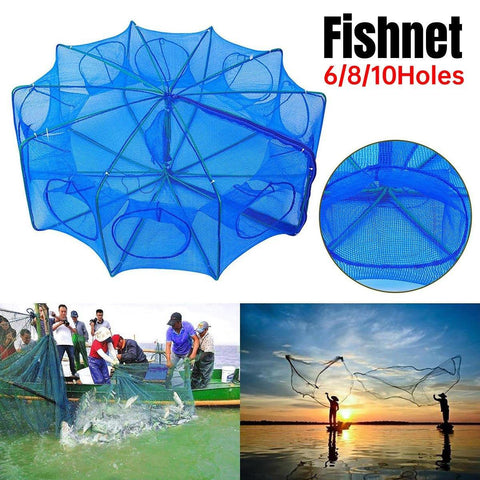 Premium Foldable Fishing Net Trap - Blue, 8 Holes