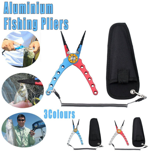 Aluminium Fishing Pliers Hook Remover Line Cutter Braid Mono Split Ring Fish Grip - Blue+Red - SuperSaverAU - view 1