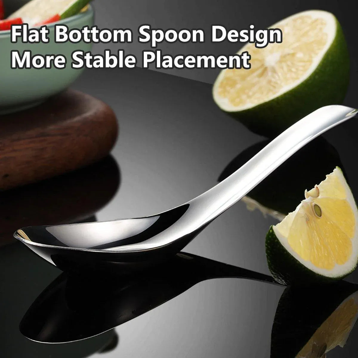 Premium SUS304 Stainless Steel Flat Bottom Soup Spoons – 10 Pack