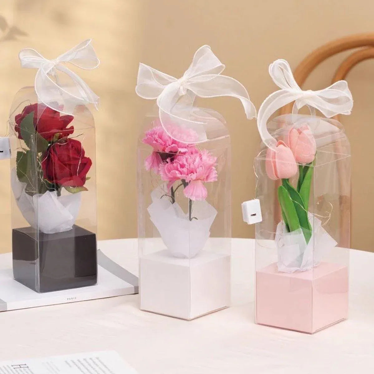 Premium 10 Pack White Transparent PVC Flower Bouquet Gift Boxes 8x8x25cm
