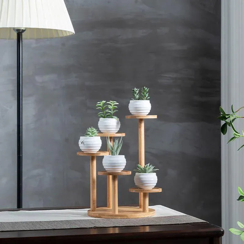 Premium Round Bamboo Tabletop Flower Stand – Multi-Tier Display Rack