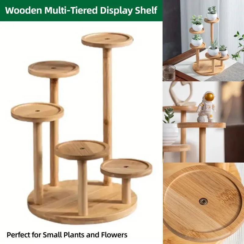 Premium Round Bamboo Tabletop Flower Stand – Multi-Tier Display Rack