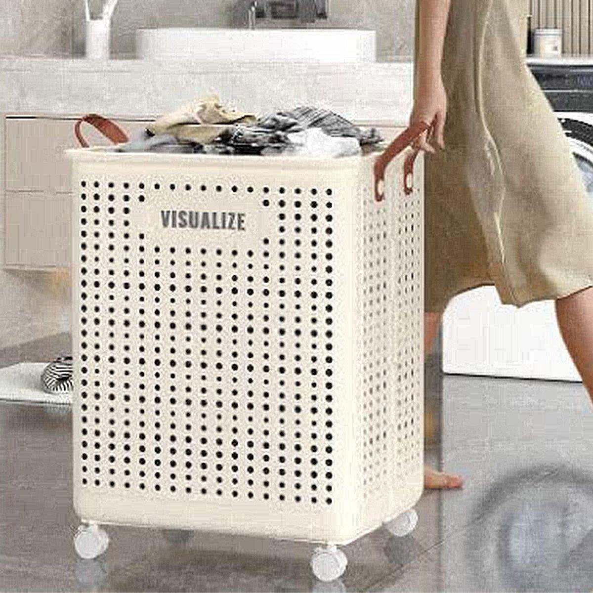Premium Folding Laundry Basket with Wheels – Beige Medium