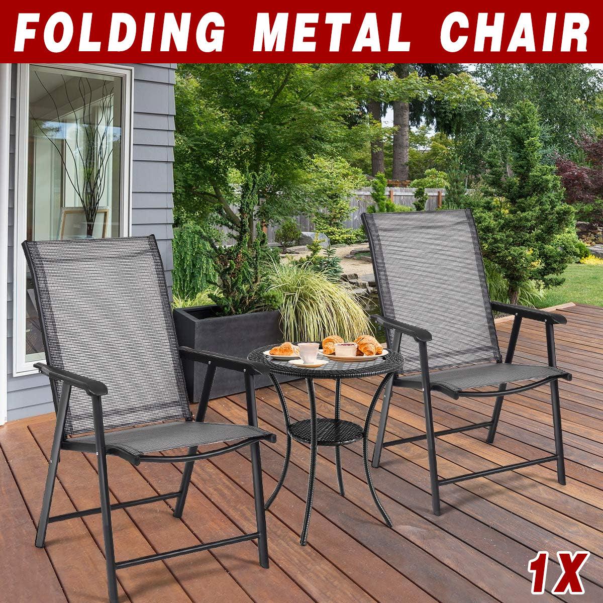 Premium Grey Metal Folding Outdoor Chair with Backrest and Armrests 300lb Capacity