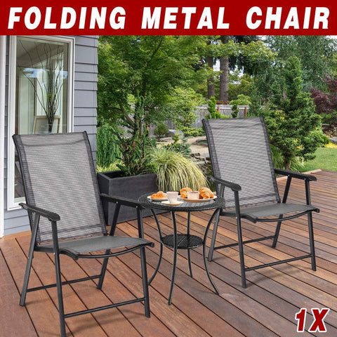 Premium Grey Metal Folding Outdoor Chair with Backrest and Armrests 300lb Capacity