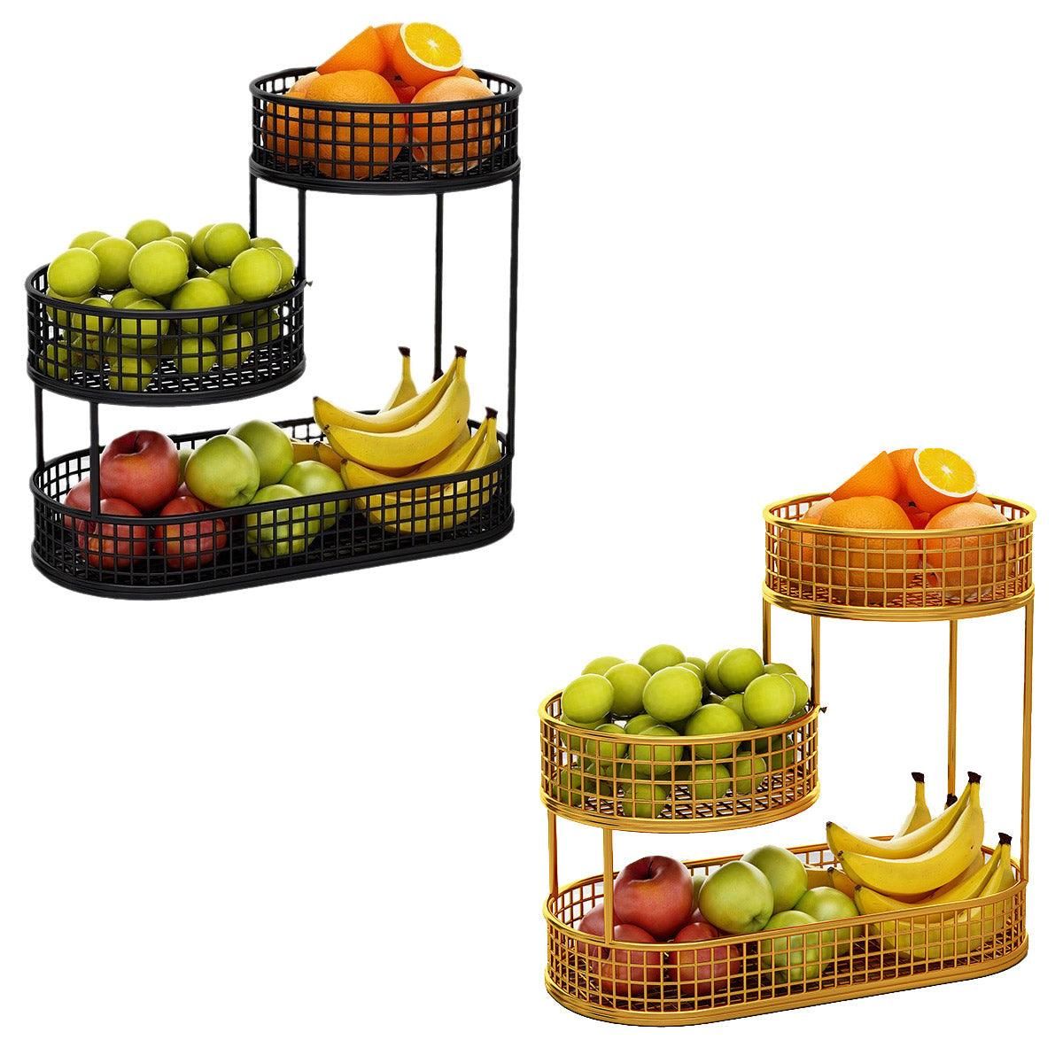 Premium Gold 3 Tier Metal Fruit Basket Snack Storage Rack Coffee Table Organiser