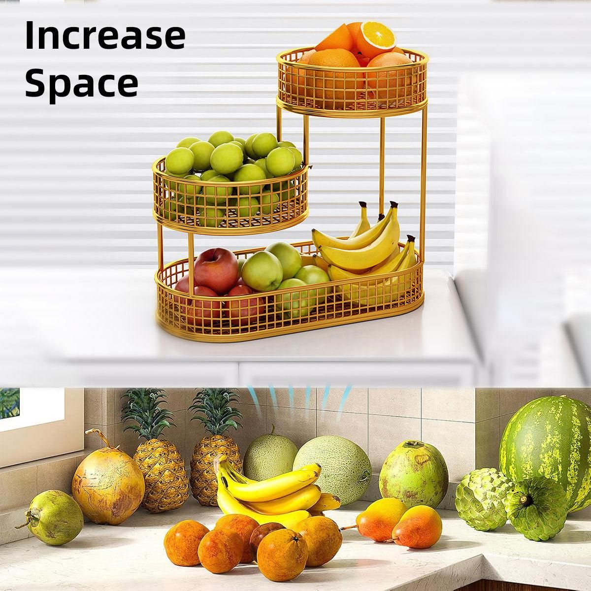 Premium Gold 3 Tier Metal Fruit Basket Snack Storage Rack Coffee Table Organiser