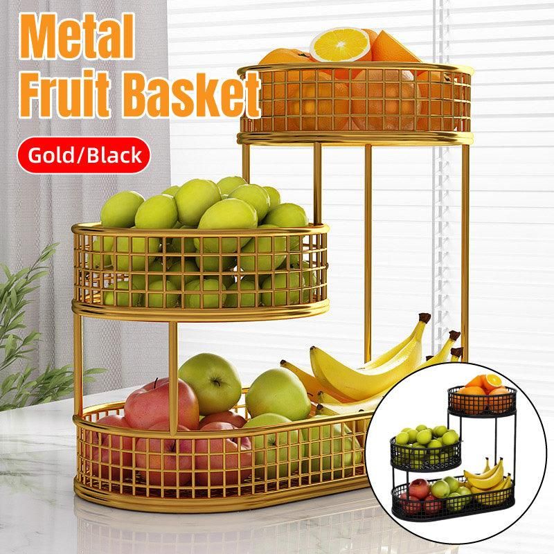 Premium Gold 3 Tier Metal Fruit Basket Snack Storage Rack Coffee Table Organiser