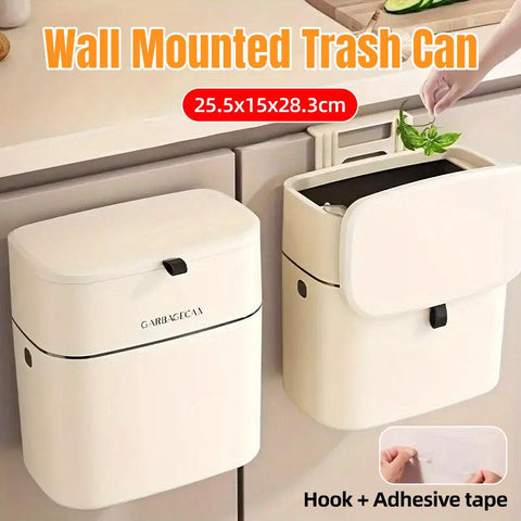 Wall-Mounted Waste Bin with Flip-Top Lid, Cream White, 25.5 x 15 x 28.3cm - SuperSaverAU - view 1