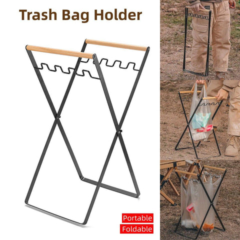 Portable Folding Trash Bag Holder with Wooden Handle, 56.5cm x 25cm x 25cm - SuperSaverAU - view 1