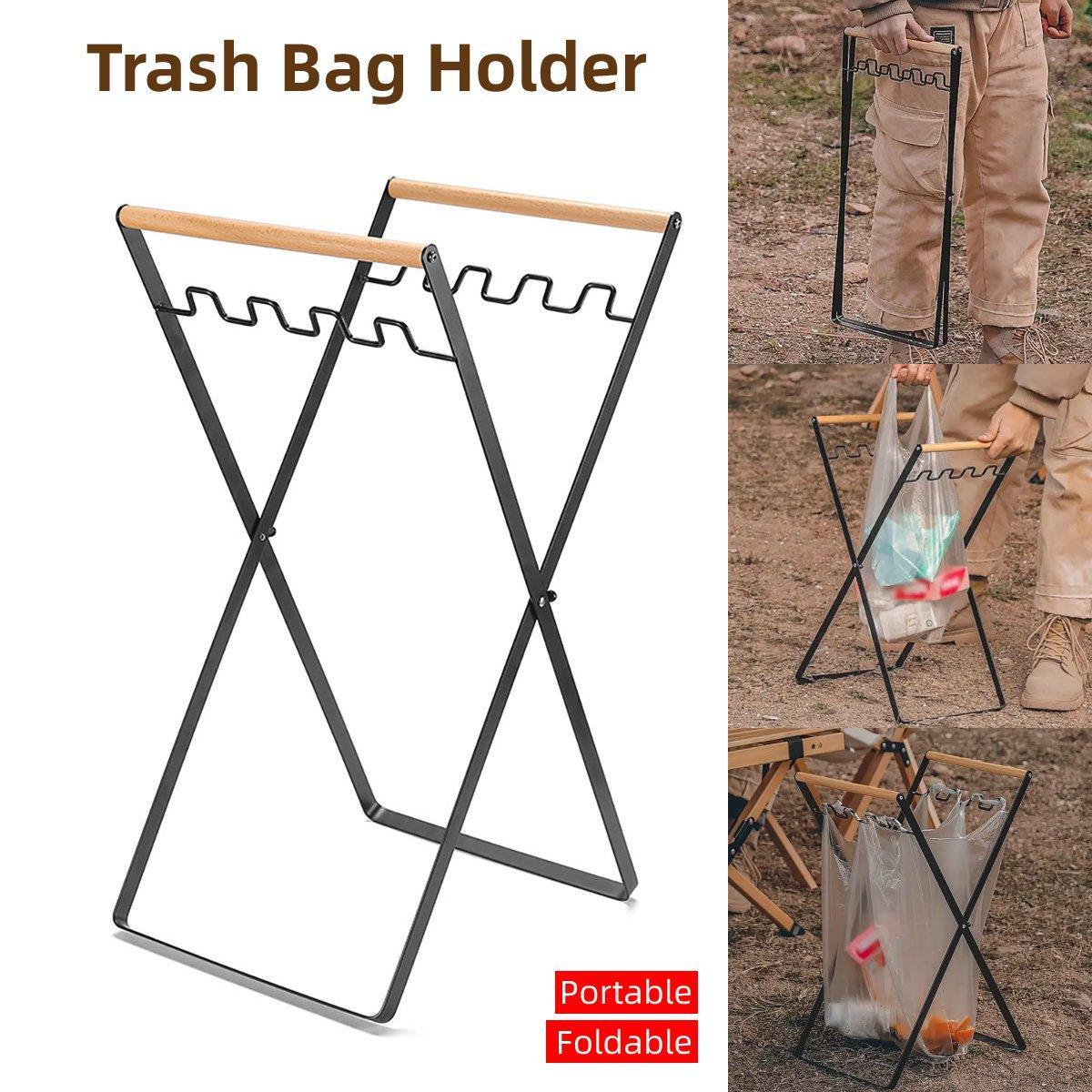 Portable Folding Trash Bag Holder with Wooden Handle, 56.5cm x 25cm x 25cm - SuperSaverAU - view 1
