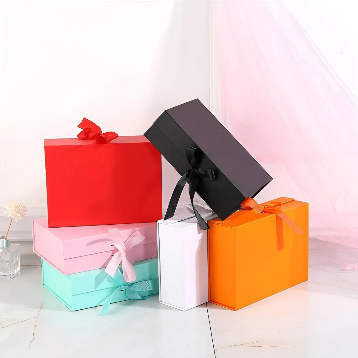 Premium Ribbon Flip Folding Gift Boxes – Black 5 Pack