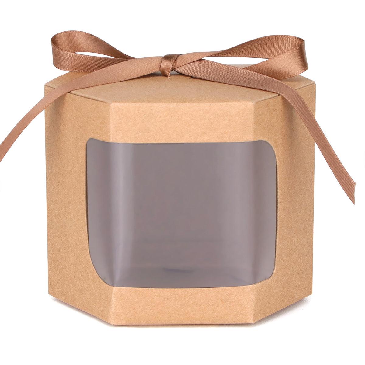 20x Kraft Gift Boxes Hexagonal Party Favor & Candy Packaging with Clear Window - Brown - SuperSaverAU - view 7