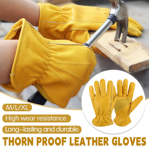 Golden Yellow Cowhide Full Finger Work Gloves - Durable Gardening Gloves - L - SuperSaverAU - view 1