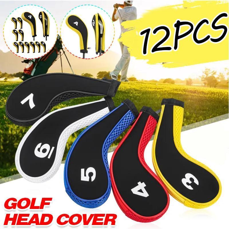 Premium 12Pcs Neoprene Golf Club Head Covers with Long-Neck Zippers - Black