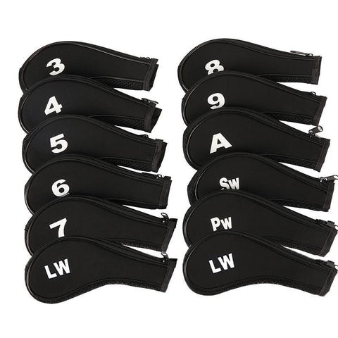 Premium 12Pcs Neoprene Golf Club Head Covers with Long-Neck Zippers - Black