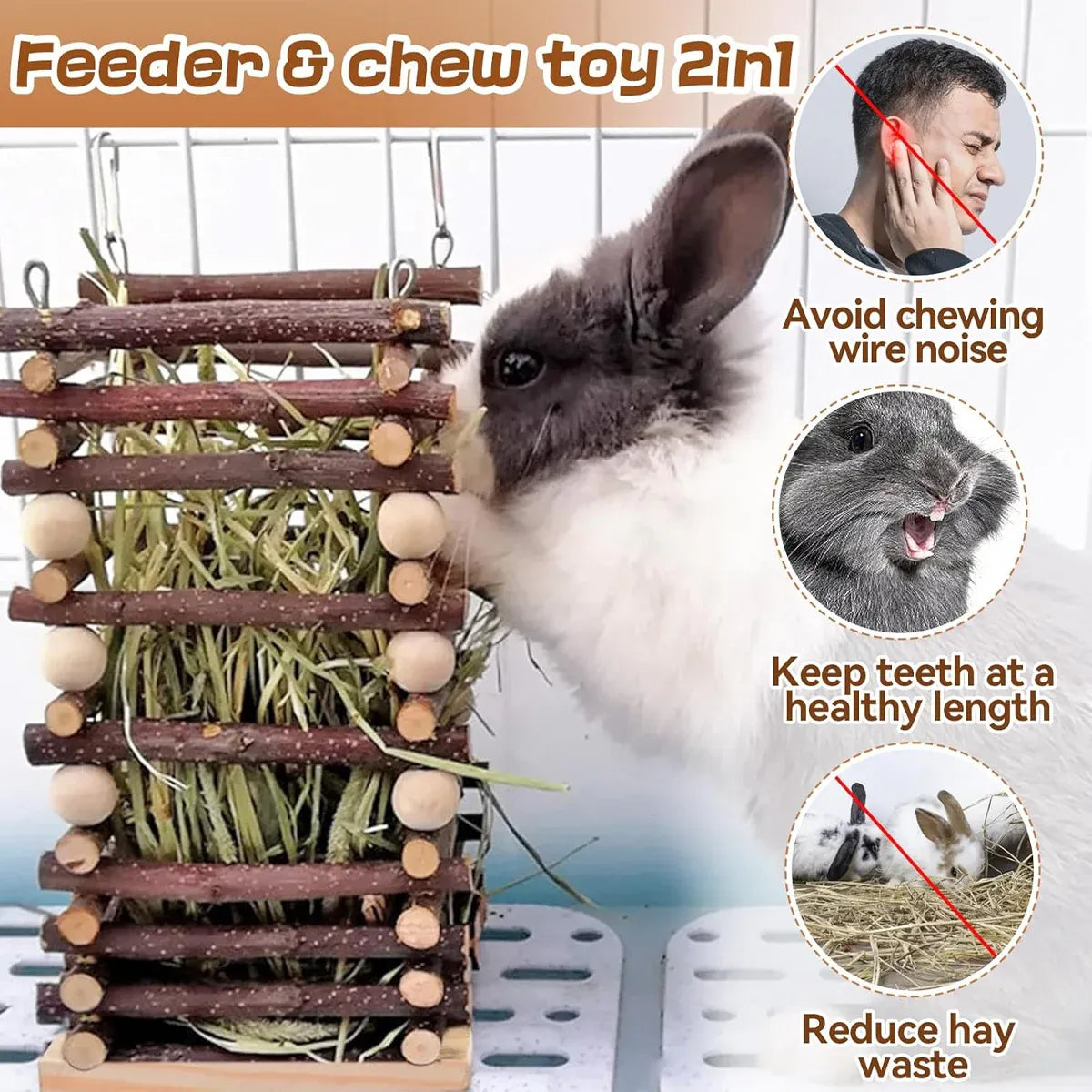 Premium Rabbit Hay Feeder Rack with Apple Wood Chew Frame