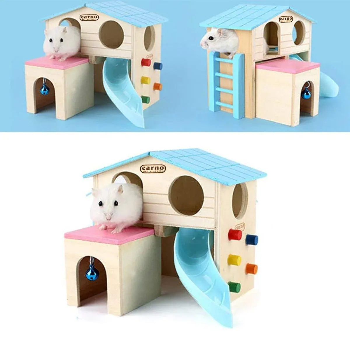 Premium Wooden Hamster Villa with Slide & Climbing Ladder - Blue