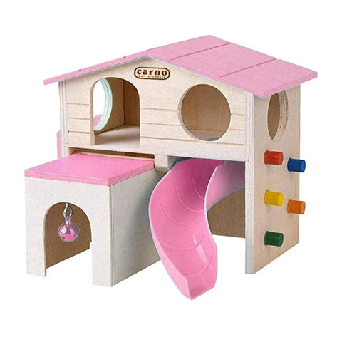 Premium Wooden Hamster Villa with Slide & Climbing Ladder - Pink