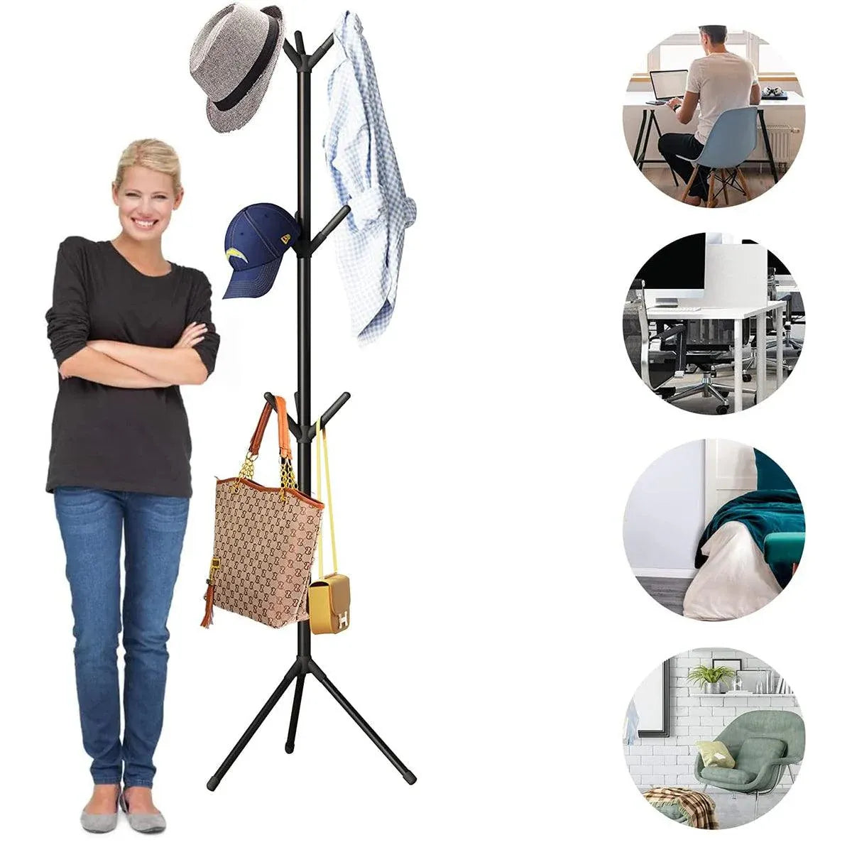 Premium 6-Hook Iron Coat Stand – Black 170cm with Triangular Base