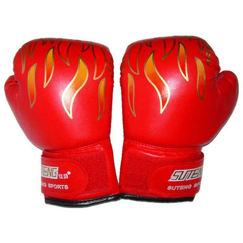 Premium Kids Boxing Sparring Gloves with Ventilated Palm & PU Leather - Red Flame Pattern