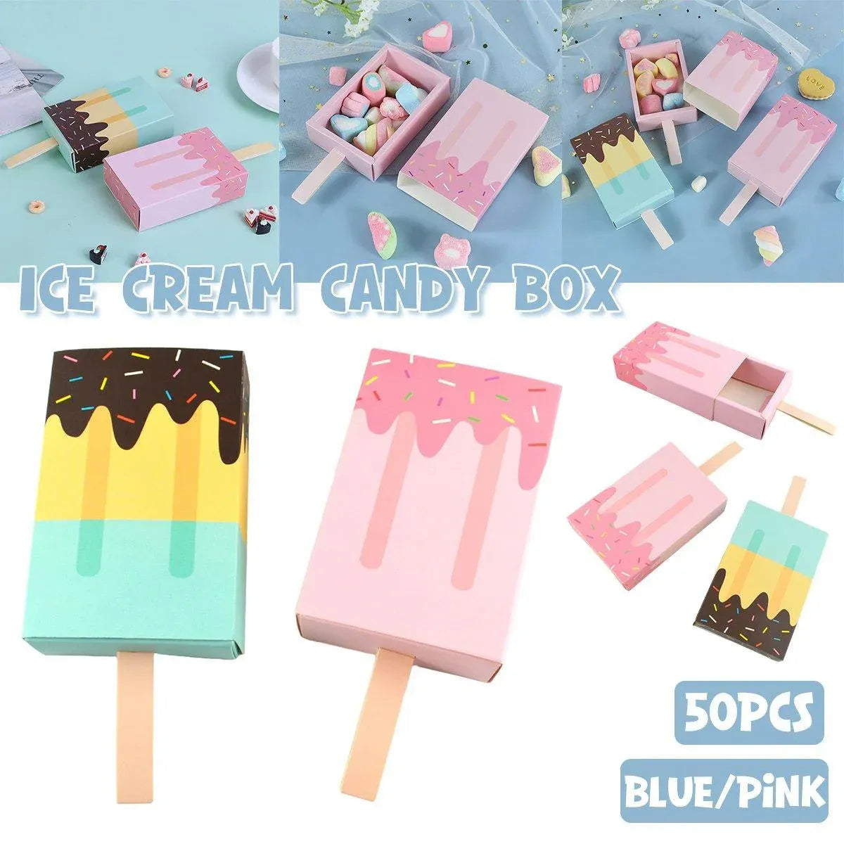 Premium 50 Pack Pink Ice Cream Candy Gift Boxes Party Favour Packaging