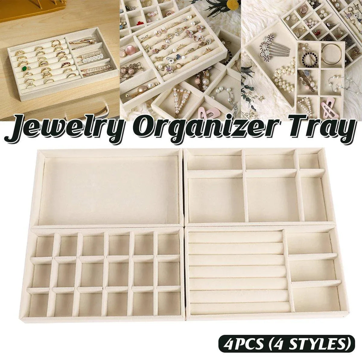Premium Flannel Jewellery Storage Trays – Beige 4 Pack