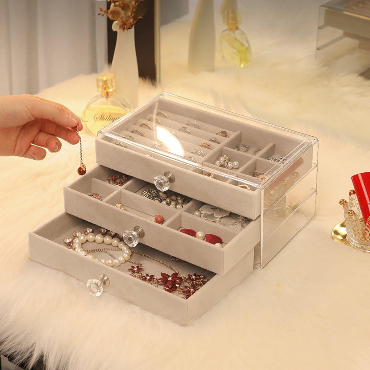 Premium Three-Layer Flannel Jewellery Storage Box – Grey
