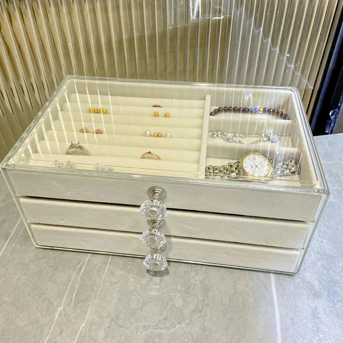Premium Three-Layer Flannel Jewellery Storage Box – Grey